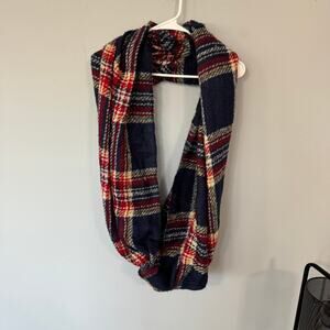 Vintage Blue Red Plaid White Yellow Infinity Scarf Cowl Neck 100% Acrylic Winter